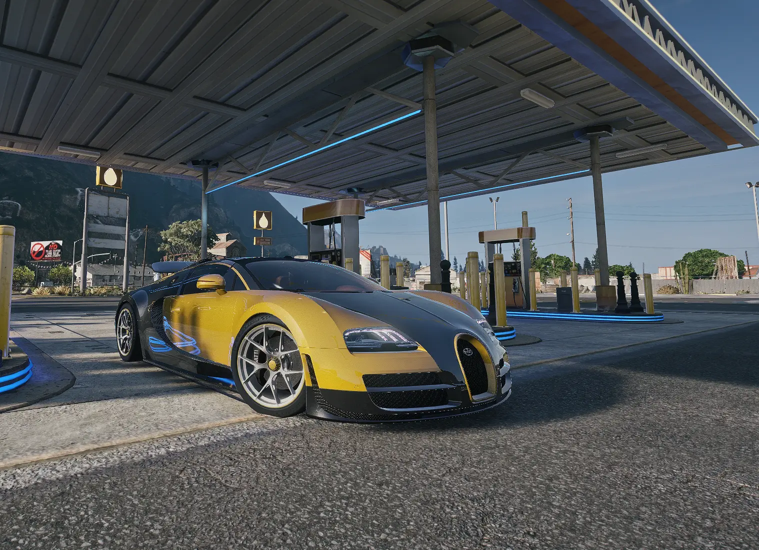 Two-tone hypercar at a filling station