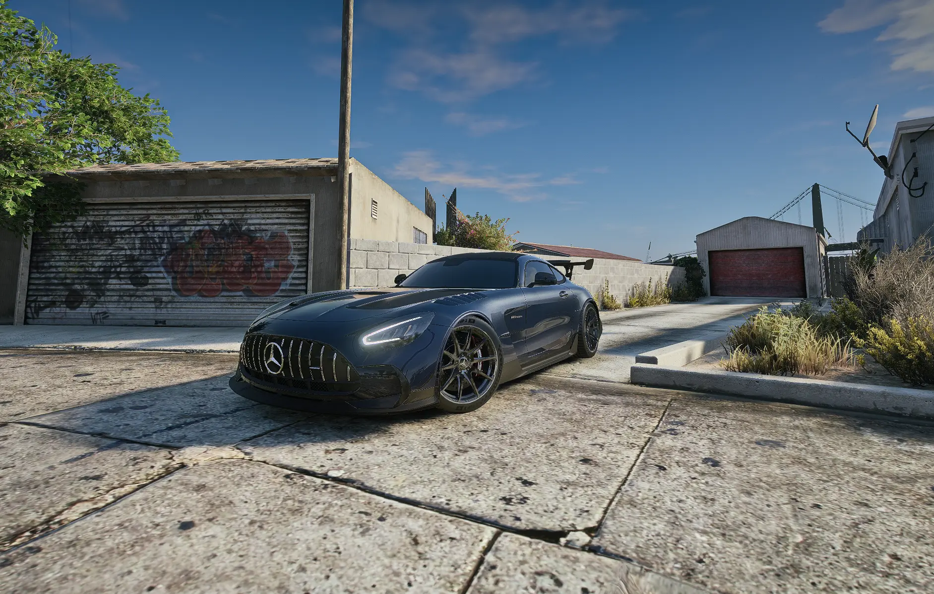 Grey coupe in a back alley