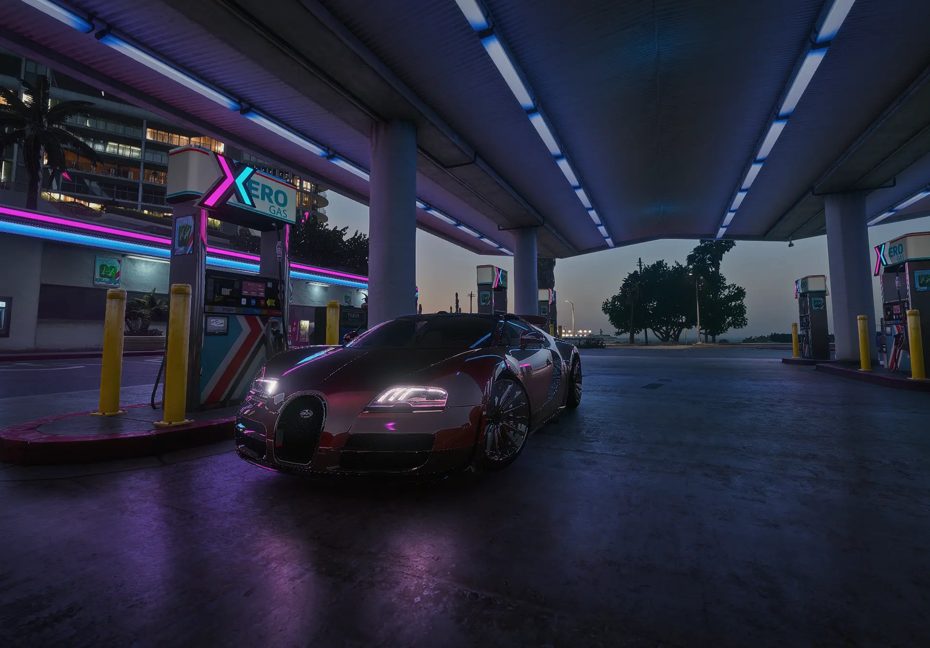 Hypercar at a neon-lit filling station at night