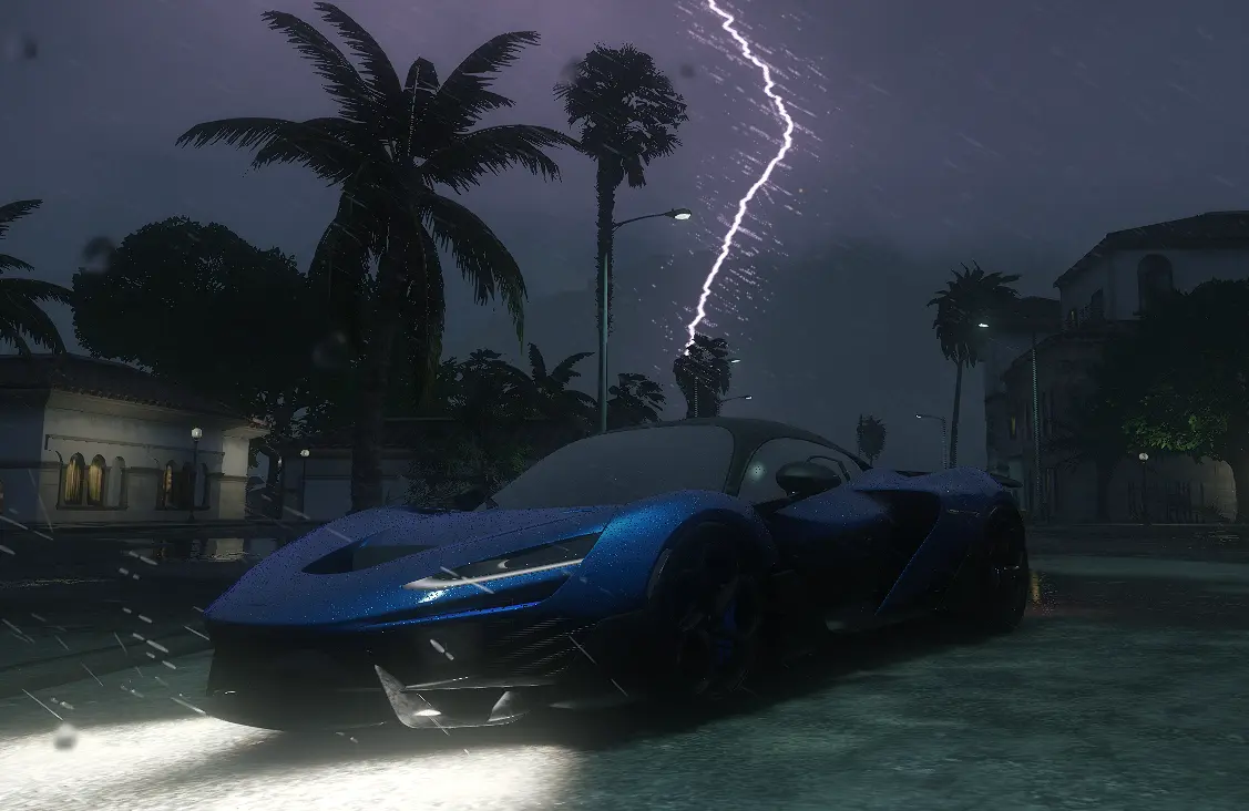 Blue supercar under a lightning storm by the palms